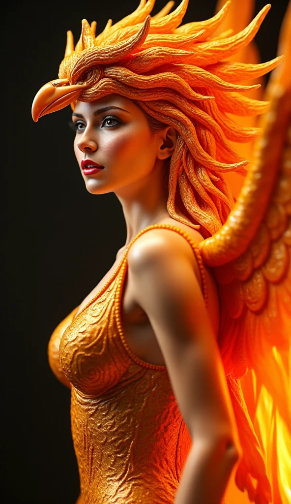 realistic sculpture, figurine figure of a magnificent Phoenix in the shape of a full-length curvy woman, very long hair with strong bright light, deep hot colors, ultra-detailed, intricate, textures, non-static. Stylish, breathtaking beauty, perfect face, expressive eyes, metallic lighting. Art by Ciro Marcetti, influence of Boris Vallejo, Luis Royo.