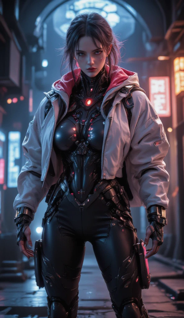 Set in the world of Warframe, Johanna de Armas is a young woman, She wears an Evangelion-style bodysuit, a testament to the advanced futuristic exoskeleton. The exoskeleton suit, A fusion of futuristic baroque and rococo cyberpunk styles, is a design marvel, She wears a white down jacket,adding a touch of elegance to her powerful appearance.
She stands in a gorgeous gothic cyber cathedral, Bathed in neon lights that cast dramatic shadows, emphasizing the off-center composition of the scene. The atmosphere is filled with the essence of retro cyberpunk art, is reminiscent of the work of Keos Mason, and Richard Guest's painting style, known for his full of energy expressionism and emotive, Mental intensity.
Street art and graffiti surround her, with their full of energy colors and urban themes, reflect an 80's inspired synthwave aesthetic. The scene is like a neon tapestry, full of energy , With detailed elements that capture the essence of retro-futurism. Shallow depth of field, Vignetting effect, The highly detailed rendering creates a melancholic atmosphere, epic atmosphere , reminiscent of high-budget filmmaking.
Glass effect, The widescreen composition, and adding film grain,Giving the image a grainy texture, enhancing its cinematic quality,and add to the overall ornateness of the scene. This is a world where technology meets art, creates a visual spectacle that is both intense and beautiful.