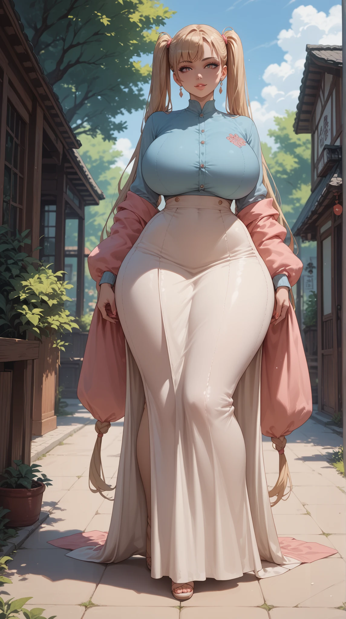 (( straight face picture )) ((best quality)), ((Masterpiece)), (details), Young woman , yellow hair , Dirt. , blue eyes ,Blue purple set, Gold pattern, wearing a big brimmed hat , Magician , The dress is very beautiful. ,long dress ,big breasts ,Big butt