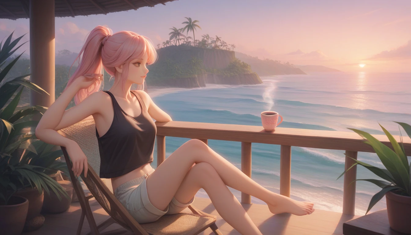 Perfect face, perfect anatomy, best quality, young woman 26 years old, woman med boobs with pastel green and pink hair tied in a ponytail sits barefoot on a bamboo chair on a rooftop balcony overlooking a tropical island. She is dressed in a black tank top and loose beach shorts, typing on her laptop. A cup of coffee sits nearby, and the distant sound of waves reaching the shore blends with the gentle rustling of palm trees. The sky above is filled with stars, and the warm glow of lanterns on the balcony adds to the peaceful, island-night ambiance."
