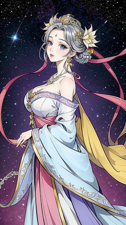 （Masterpiece， best quality ， High Resolution , Unity8k wallpaper,  Official Art), ( one beautiful girl ),  colorful ,  detailed illustration art ,  very detailed， big breasts in okunai, (Intertwined, Datura stramonium, Tangle), goddess,  white lace dress,  Silver Tiara ,  necklace,  earrings,  gold bracelet,   off shoulder ,   Look at Me and Laugh , Sacred Light,  like a painting , flash drawing， bright color, Perfect Magic,  Fantasy World , background, star雲, star,  Milky Way,  detailed digital art , 