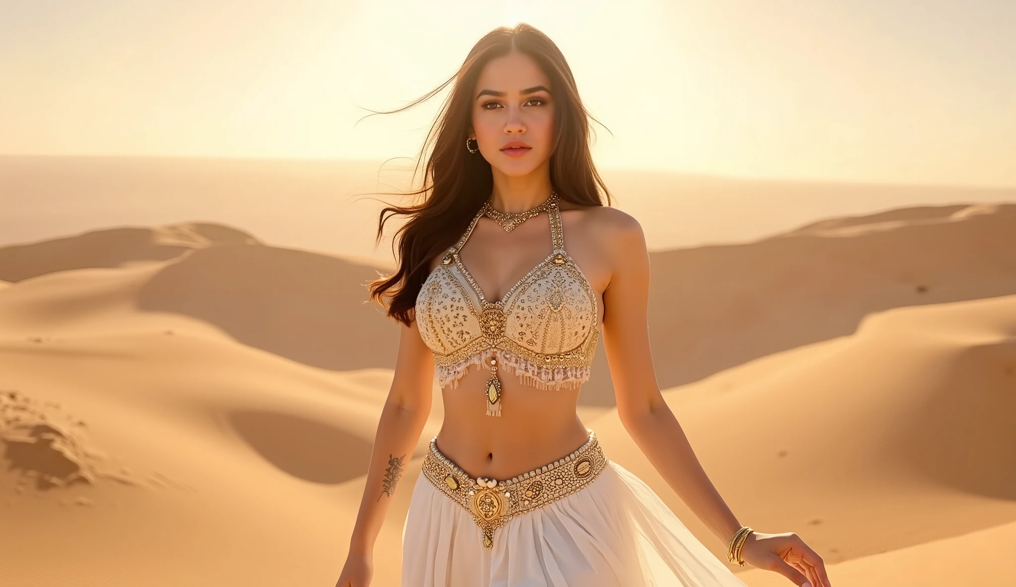 Prompt: A glamorous belly dancer in a full pose , wearing a bold white color and richly detailed traditional belly dance costume adorned with intricate golden embroidery, shimmering sequins, and flowing silk fabric in jewel tones of crimson and gold. She stands confidently in the heart of a vast desert, with soft golden sand dunes stretching endlessly behind her under a dramatic suny sky. Her pose captures grace and energy, with the flowing skirt and veils moving elegantly in the breeze. The lighting is cinematic, emphasizing the richness of the outfit and the vibrant desert hues, 8k ultra realistic masterpiece photography.
Use same model & give me 20 options.