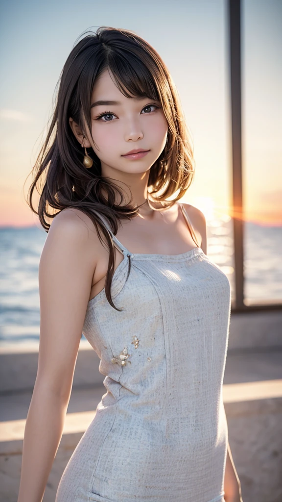 one girl, (12years old:1.4),(Very Young Face), (japan Person famous idol), face, cute face, ash gray hair:1.5, bob hair, short hair, camera's line of sight, small breasts, An ennui look, (((camisole, dress))) , particles of light, sea of ​​sunset, calm sea, white sand beach, very beautiful sunset, RAW photo, highest quality, High resolution, High resolution, masterpiece:1.3, 32k, professional photographer,(Enhances the beauty of skin texture:1.1),((Extremely precise and accurate anatomy:1.0)),Kind eyes,Graceful pose,(Beauty of form:1.4) Golden ratio, big eye,(nature's providence:1.4),