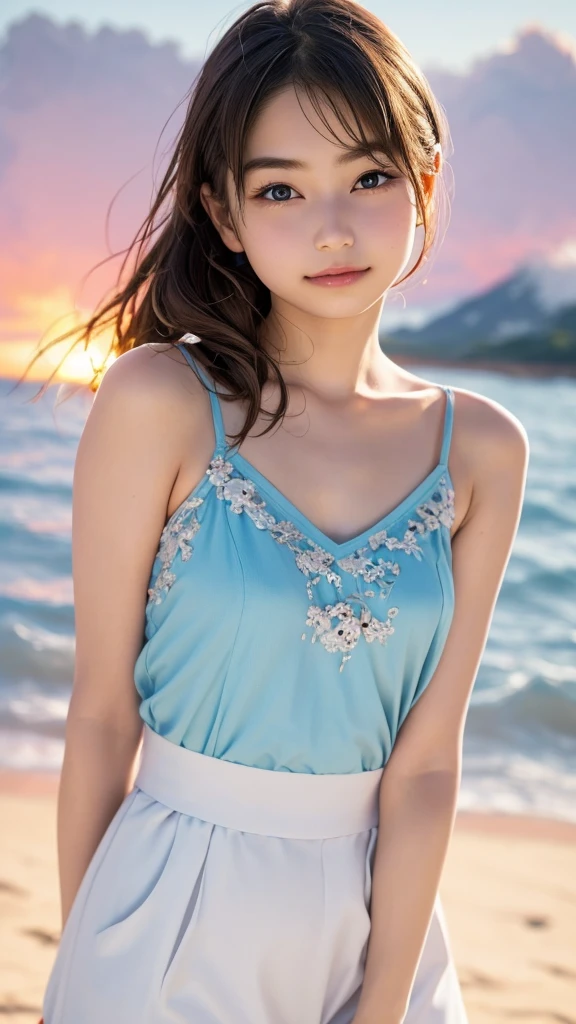 one girl, (12years old:1.4),(Very Young Face), (japan Person famous idol), face, cute face, ash gray hair:1.5, bob hair, short hair, camera's line of sight, small breasts, An ennui look, (((camisole, dress))) , particles of light, sea of ​​sunset, calm sea, white sand beach, very beautiful sunset, RAW photo, highest quality, High resolution, High resolution, masterpiece:1.3, 32k, professional photographer,(Enhances the beauty of skin texture:1.1),((Extremely precise and accurate anatomy:1.0)),Kind eyes,Graceful pose,(Beauty of form:1.4) Golden ratio, big eye,(nature's providence:1.4),