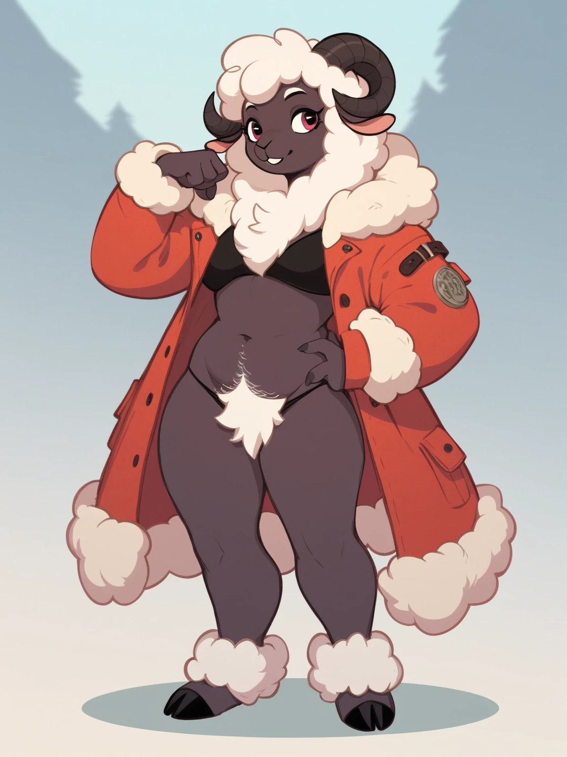 score_9, score_8_up, score_7_up, an Anthro furry black sheep, female black sheep, black wool, black wooly body, yellow eyes, sheep horns, mammal, standing, breasts, pussy, black nipples