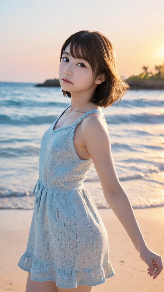 one girl, (12years old:1.4),(Very Young Face), (japan Person famous idol), face, cute face, ash gray hair:1.5, bob hair, short hair, camera's line of sight, small breasts, An ennui look, (((camisole, dress))) , particles of light, sea of ​​sunset, calm sea, white sand beach, very beautiful sunset, RAW photo, highest quality, High resolution, High resolution, masterpiece:1.3, 32k, professional photographer,(Enhances the beauty of skin texture:1.1),((Extremely precise and accurate anatomy:1.0)),Kind eyes,Graceful pose,(Beauty of form:1.4) Golden ratio, big eye,(nature's providence:1.4),