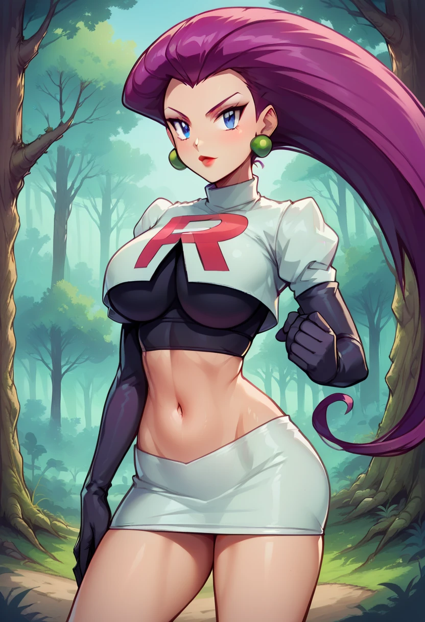  faded head photo ,  faded bottom , faded edges  ,Score_9,Score_8_high,Score_7_high,Score_6_high,Score_5_high,  Review_secure,  1 girl, jessie, \( Pokémon \), ( ultra HD quality details ),  blue eyes,  hair combed back , purple hair earrings, Team rocket , Team rocket  uniform,  black gloves , elbow gloves, white skirt, Crop Top, overknees, black overknees, (slim), parties,  big breasts, ( ),  Pretty girl ,  bright colors ,  beautiful , centered,  looks at the camera ,  approximation of perfection, dynamic, Moonlight, highdetailliert, aquarellmalerei, ArtStation, Conceptual art, smooth, Sharp Focus, Illustration,  big breasts,  Forest Background, stands upright, fighting pose, Pokeball in hand , ready for battle, 