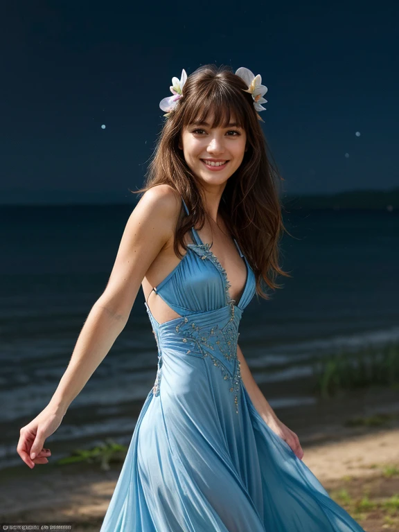 Zoey Deschanel, long wavy blonde hair, muscular body, thick thighs, beach, tight sundress, standing