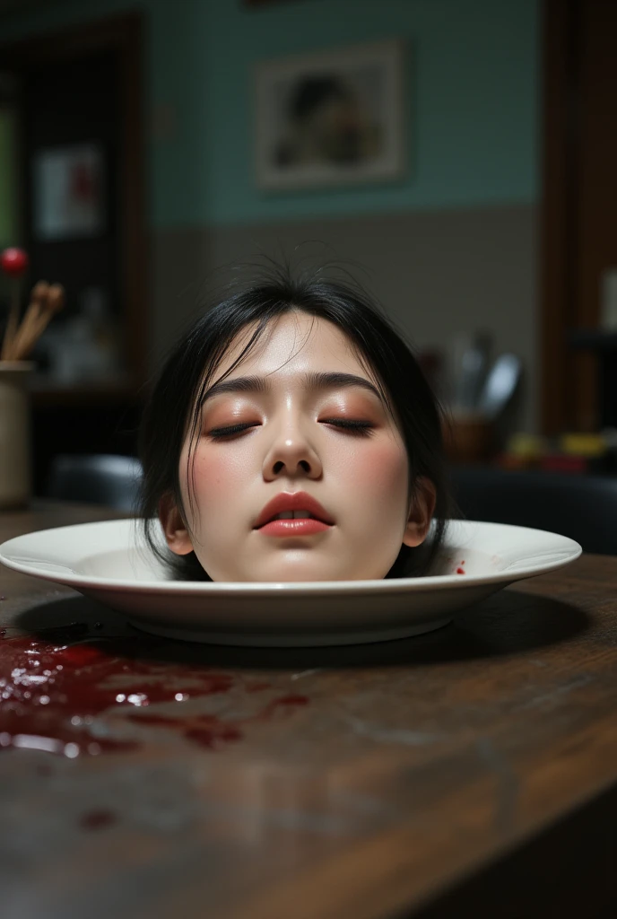   place the head of a decapitated woman , Asia,  Less blood stains   , ((  with eyes closed )),   like a dish on a plate  , Bloody,  actual , 4K, Nikon, fear