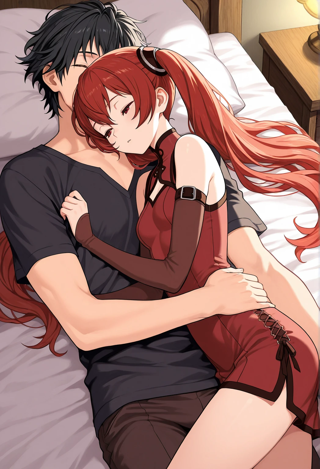 Anime couple hugging red dress in front of window, Sexual temptation，full bodyesbian，The human body is right，The woman's breasts are exposed，plumw，The man's right hand caresses the woman's chest，The man's left hand resurrects the woman's ass，The love of light and night sinks