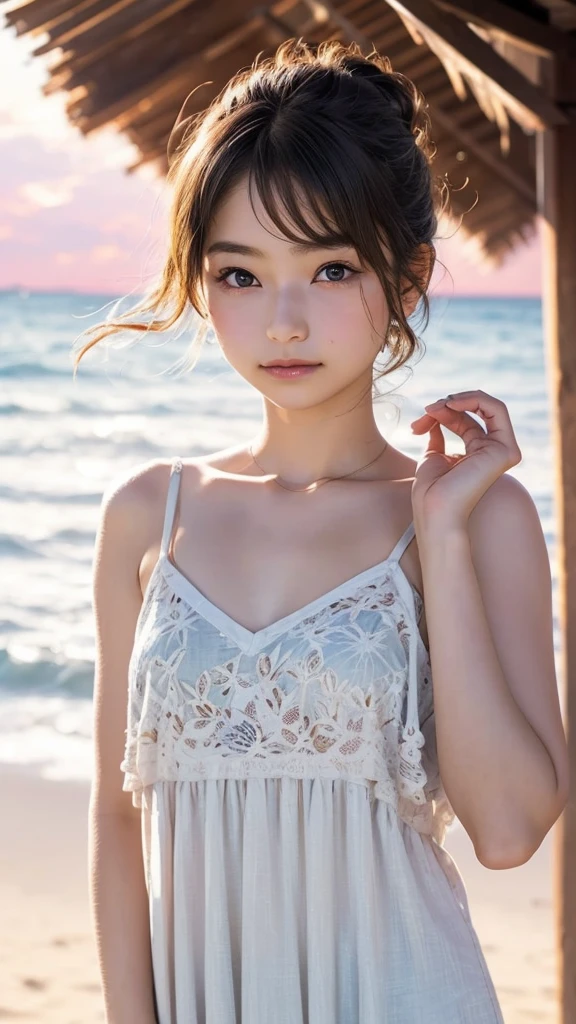 one girl, (12years old:1.4),(Very Young Face), (japan Person famous idol), face, cute face, ash gray hair:1.5, bob hair, short hair, camera's line of sight, small breasts, An ennui look, (((camisole, dress))) , particles of light, sea of ​​sunset, calm sea, white sand beach, very beautiful sunset, RAW photo, highest quality, High resolution, High resolution, masterpiece:1.3, 32k, professional photographer,(Enhances the beauty of skin texture:1.1),((Extremely precise and accurate anatomy:1.0)),Kind eyes,Graceful pose,(Beauty of form:1.4) Golden ratio, big eye,(nature's providence:1.4),