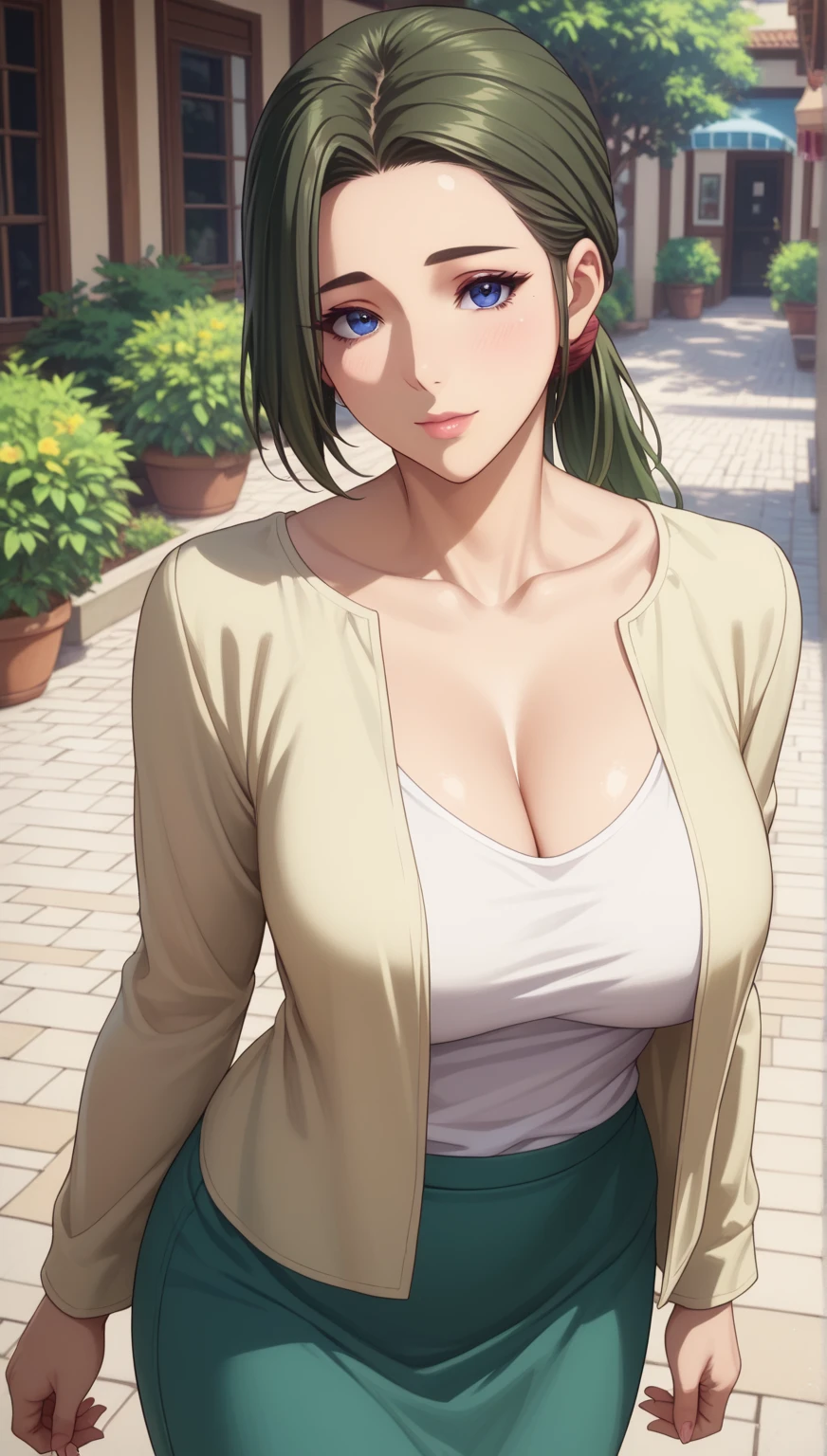 (masterpiece, best_quality:1.2), 1girl, solo, mature female, dark-green hair, low ponytail, (casual clothes, long sleeves, skirt), beautiful eyes, female focus, looking at viewer, large breast, cleavage, wide hips, ((above view)) ((close up shot)) ((solo)) detailed, very high resolution, no blurry image, standing, beautiful, elegant, serene expression, intricate details, detailed background, bedroom:1.3