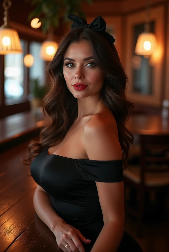 Portrait. Woman in her 30s with dark wavy hair, beautiful smile and big eyelashes. smiling, sensuality, elegant dinner. fancy hairstyle. fancy dress