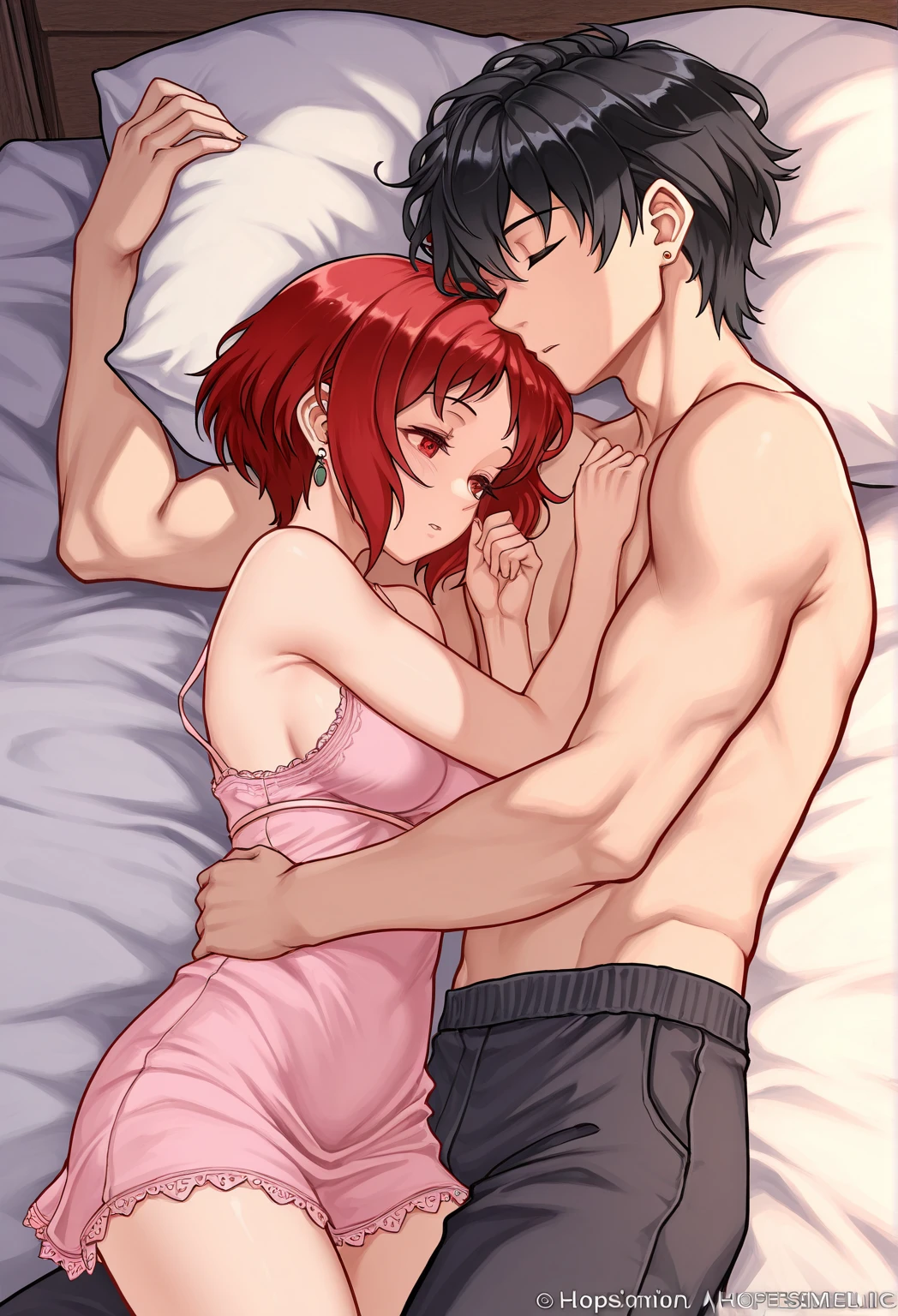 Draw a busty high school girl with pink bob cut hair, wearing a gray hoodie and black shorts, lying in bed with a guy, taking each other's clothes off.