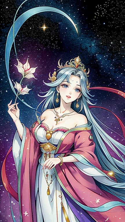 （Masterpiece， best quality ， High Resolution , Unity8k wallpaper,  Official Art), ( one beautiful girl ),  colorful ,  detailed illustration art ,  very detailed， big breasts in okunai, (Intertwined, Datura stramonium, Tangle), goddess,  white lace dress,  Silver Tiara ,  necklace,  earrings,  gold bracelet,   off shoulder ,   Look at Me and Laugh , Sacred Light,  like a painting , flash drawing， bright color, Perfect Magic,  Fantasy World , background, star雲, star,  Milky Way,  detailed digital art , 