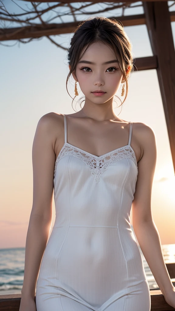 one girl, (12years old:1.4),(Very Young Face), (japan Person famous idol), face, cute face, ash gray hair:1.5, bob hair, short hair, camera's line of sight, small breasts, An ennui look, (((camisole, dress))) , particles of light, sea of ​​sunset, calm sea, white sand beach, very beautiful sunset, RAW photo, highest quality, High resolution, High resolution, masterpiece:1.3, 32k, professional photographer,(Enhances the beauty of skin texture:1.1),((Extremely precise and accurate anatomy:1.0)),Kind eyes,Graceful pose,(Beauty of form:1.4) Golden ratio, big eye,(nature's providence:1.4),