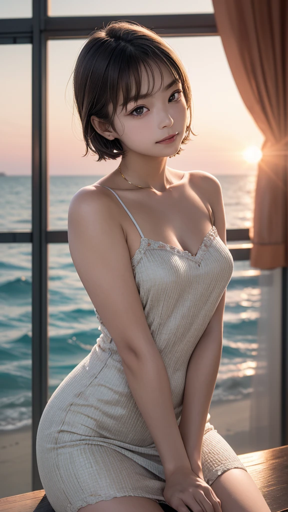 one girl, (12years old:1.4),(Very Young Face), (japan Person famous idol), face, cute face, ash gray hair:1.5, bob hair, short hair, camera's line of sight, small breasts, An ennui look, (((camisole, dress))) , particles of light, sea of ​​sunset, calm sea, white sand beach, very beautiful sunset, RAW photo, highest quality, High resolution, High resolution, masterpiece:1.3, 32k, professional photographer,(Enhances the beauty of skin texture:1.1),((Extremely precise and accurate anatomy:1.0)),Kind eyes,Graceful pose,(Beauty of form:1.4) Golden ratio, big eye,(nature's providence:1.4),