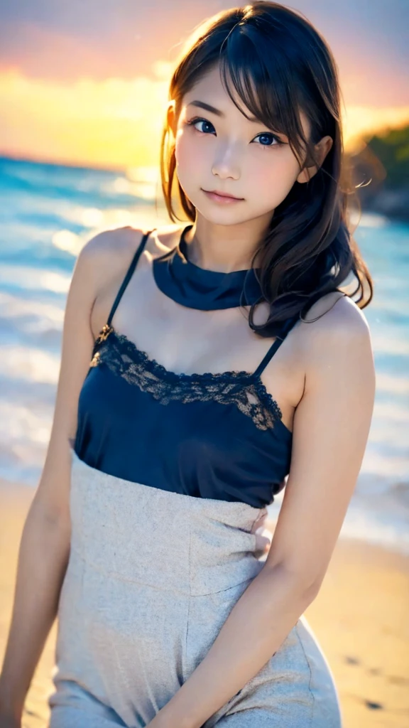 one girl, (12years old:1.4),(Very Young Face), (japan Person famous idol), face, cute face, ash gray hair:1.5, bob hair, short hair, camera's line of sight, small breasts, An ennui look, (((camisole, dress))) , particles of light, sea of ​​sunset, calm sea, white sand beach, very beautiful sunset, RAW photo, highest quality, High resolution, High resolution, masterpiece:1.3, 32k, professional photographer,(Enhances the beauty of skin texture:1.1),((Extremely precise and accurate anatomy:1.0)),Kind eyes,Graceful pose,(Beauty of form:1.4) Golden ratio, big eye,(nature's providence:1.4),