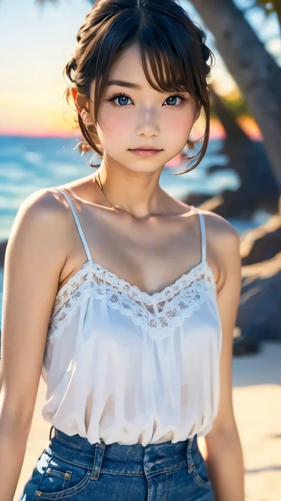 one girl, (12years old:1.4),(Very Young Face), (japan Person famous idol), face, cute face, ash gray hair:1.5, bob hair, short hair, camera's line of sight, small breasts, An ennui look, (((camisole, dress))) , particles of light, sea of ​​sunset, calm sea, white sand beach, very beautiful sunset, RAW photo, highest quality, High resolution, High resolution, masterpiece:1.3, 32k, professional photographer,(Enhances the beauty of skin texture:1.1),((Extremely precise and accurate anatomy:1.0)),Kind eyes,Graceful pose,(Beauty of form:1.4) Golden ratio, big eye,(nature's providence:1.4),