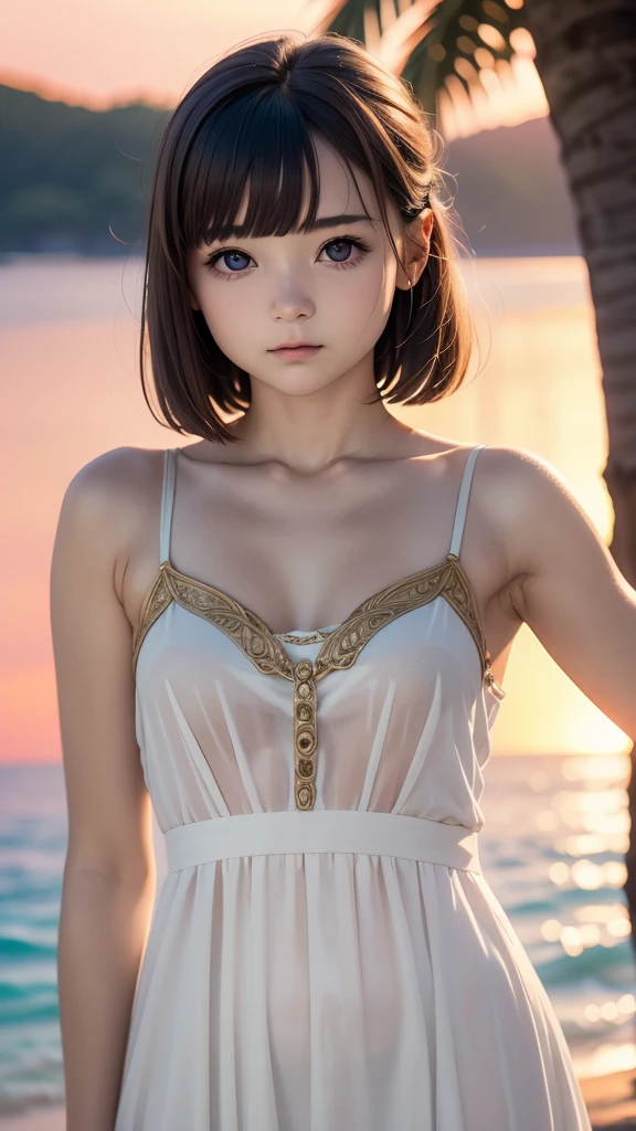 one girl, (12years old:1.4),(Very Young Face), (japan Person famous idol), face, cute face, ash gray hair:1.5, bob hair, short hair, camera's line of sight, small breasts, An ennui look, (((camisole, dress))) , particles of light, sea of ​​sunset, calm sea, white sand beach, very beautiful sunset, RAW photo, highest quality, High resolution, High resolution, masterpiece:1.3, 32k, professional photographer,(Enhances the beauty of skin texture:1.1),((Extremely precise and accurate anatomy:1.0)),Kind eyes,Graceful pose,(Beauty of form:1.4) Golden ratio, big eye,(nature's providence:1.4),