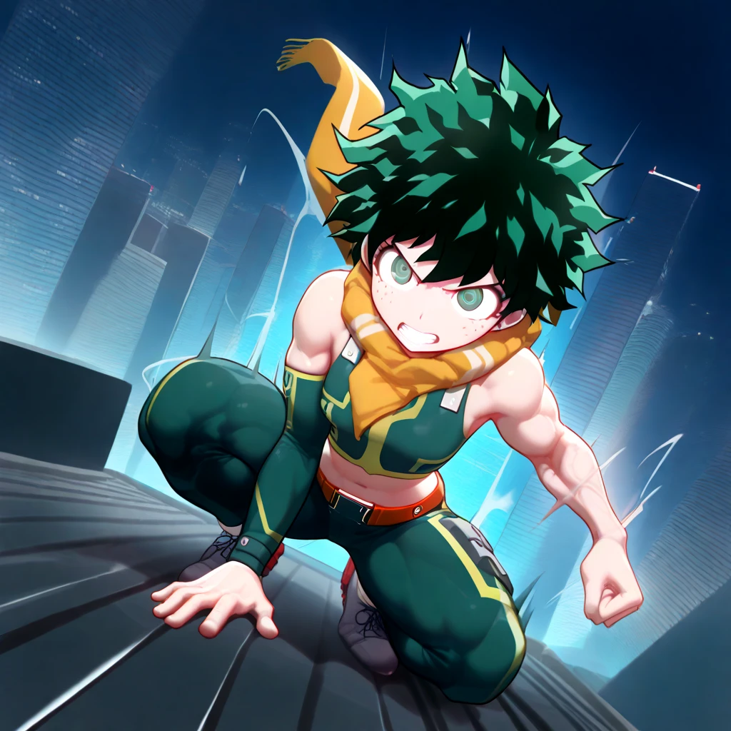 1girl, masterpiece, best quality, horikoshi kouhei, midoriya izumi, gymnastics uniform, boku no hero academy, curly hair, green eyes, green hair, gloves, eyebrows, freckles, frown, official art, pale skin, serious, short hair, blurred, blurred background, highres, looking away, male focus