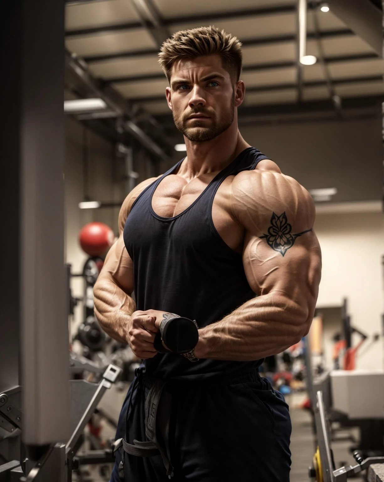(masterpiece), best quality, expressive eyes, perfect faces, upper body shot, no chest hair, (massive bodybuilder on steroids:1.7), (strong and defined muscles:1.2), (Zac Efron:0.9), (gigantic pectorals and shoulders:1.4), in the gym, (slim body:1.6), no shirt, too small shorts, short hair, uhd, handsome young stud, (massive bulge:1.4), most muscular posing