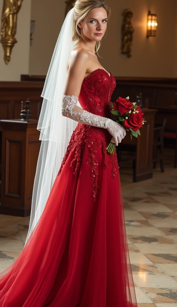 Side view, full body, standing pose,  on church floor, American woman, 30-age , looking at viewer, American fashion model ,(middle blonde hair, detail face, cute face, beautiful eyes, Small lips, smile, pearl earring , pearl neck less), (big breasts, middle hip, slender body),(Red  Wedding long dress with embroidery, and white see-through veil, white lace long glove, white stocking,  white hi-heal), (masterpiece, Best Quality, high resolution on down, Realistic, sharp, RAW photos from the last century, wallpaper, perfection, Professional Lighting, very detailed)