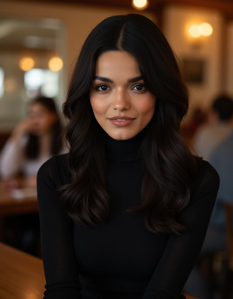 (masterpiece:1.2, best quality:1.2),black hair cascading down her shoulders wearing a turtle neck dress, standing in a cafe, looking at the viewer, smiling