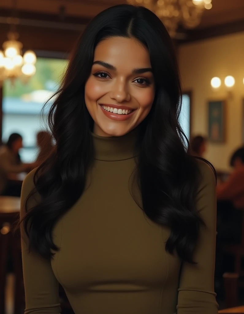 (masterpiece:1.2, best quality:1.2),black hair cascading down her shoulders wearing a turtle neck dress, standing in a cafe, looking at the viewer, smiling