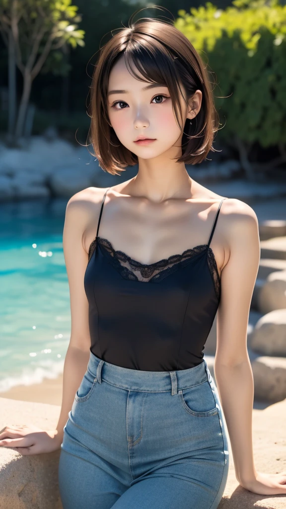 one girl, (12years old:1.4),(Very Young Face), (japan Person famous idol), face, cute face, ash gray hair:1.5, bob hair, short hair, camera's line of sight, small breasts, An ennui look, (((camisole, dress))) , particles of light, sea of ​​sunset, calm sea, white sand beach, very beautiful sunset, RAW photo, highest quality, High resolution, High resolution, masterpiece:1.3, 32k, professional photographer,(Enhances the beauty of skin texture:1.1),((Extremely precise and accurate anatomy:1.0)),Kind eyes,Graceful pose,(Beauty of form:1.4) Golden ratio, big eye,(nature's providence:1.4),