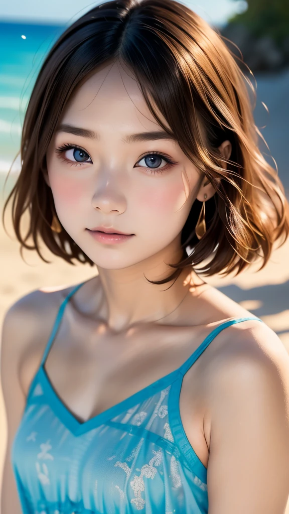 one girl, (12years old:1.4),(Very Young Face), (japan Person famous idol), face, cute face, ash gray hair:1.5, bob hair, short hair, camera's line of sight, small breasts, An ennui look, (((camisole, dress))) , particles of light, sea of ​​sunset, calm sea, white sand beach, very beautiful sunset, RAW photo, highest quality, High resolution, High resolution, masterpiece:1.3, 32k, professional photographer,(Enhances the beauty of skin texture:1.1),((Extremely precise and accurate anatomy:1.0)),Kind eyes,Graceful pose,(Beauty of form:1.4) Golden ratio, big eye,(nature's providence:1.4),