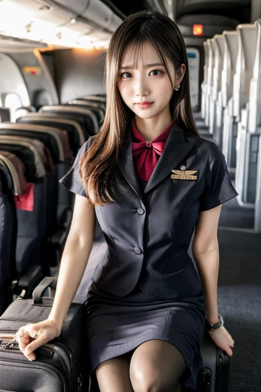 (masterpiece), highest quality, highest quality, Detailed and complex, original,High resolution,
(16 years old),Very detailed_eye, sexy,chest,
(eyeliner:0.5),(blush:0.5), Redhead,Simple diamond earrings,Detailed skin, ponytail,
Displaying the viewer, A light smile, Fingernails,
((Flight attendant black uniform)), (Black Pantyhose:1.1), Black high heels, Black short skirt uniform, Carrying a suitcase, At the airport
(Depth of written boundary:1.1),change:0.1,Realistic:1.3,
(Zhou Haoguang:1),(Structure of the film:1.3), (highest quality, High resolution, Realistic, original, 8k,masterpiece, ),highest quality, Masterpiec8k.High resolution. High Rib:1.2, Film Grain, Blurred Bokeh:1.2, Lens flare, (Bright colors:1.2), (delicate),、((Sexy panties in full view:1.0))、((Spread your legs wide:1.5))