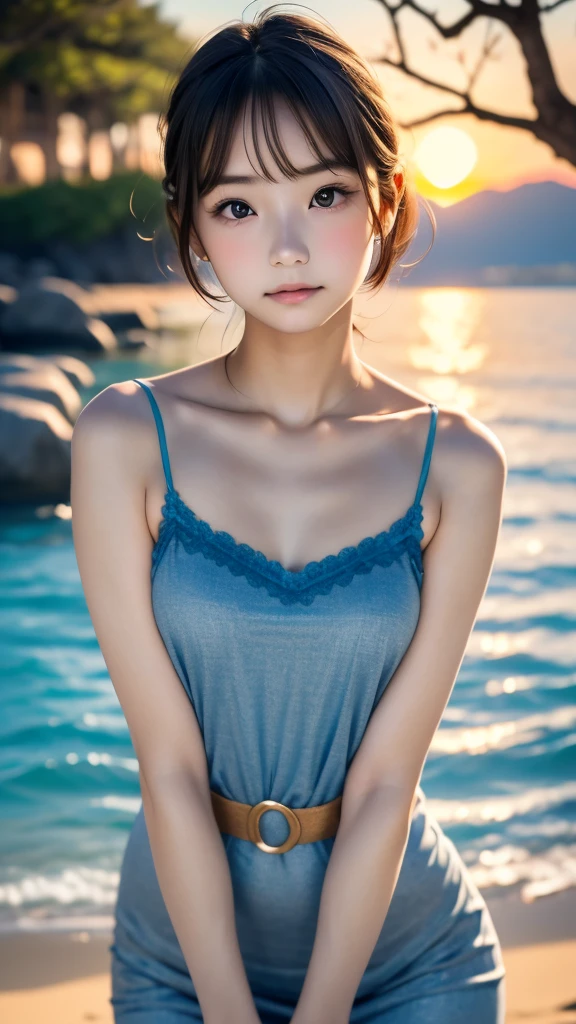 one girl, (12years old:1.4),(Very Young Face), (japan Person famous idol), face, cute face, ash gray hair:1.5, bob hair, short hair, camera's line of sight, small breasts, An ennui look, (((camisole, dress))) , particles of light, sea of ​​sunset, calm sea, white sand beach, very beautiful sunset, RAW photo, highest quality, High resolution, High resolution, masterpiece:1.3, 32k, professional photographer,(Enhances the beauty of skin texture:1.1),((Extremely precise and accurate anatomy:1.0)),Kind eyes,Graceful pose,(Beauty of form:1.4) Golden ratio, big eye,(nature's providence:1.4),