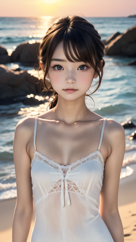 one girl, (12years old:1.4),(Very Young Face), (japan Person famous idol), face, cute face, ash gray hair:1.5, bob hair, short hair, camera's line of sight, small breasts, An ennui look, (((camisole, dress))) , particles of light, sea of ​​sunset, calm sea, white sand beach, very beautiful sunset, RAW photo, highest quality, High resolution, High resolution, masterpiece:1.3, 32k, professional photographer,(Enhances the beauty of skin texture:1.1),((Extremely precise and accurate anatomy:1.0)),Kind eyes,Graceful pose,(Beauty of form:1.4) Golden ratio, big eye,(nature's providence:1.4),