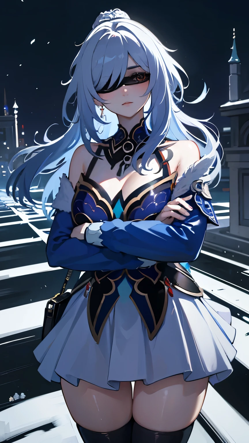 jingliu from hsr; up to down perspective; long and beautiful thighs and legs;mistress pose; staring on sky; mini-skirt; full stockings; aesthetic; bohemian; realistic; skinny fit; emo; ; night winter city background; Dark fantasy ; focus on hips; goddess; beautiful solo girl; epic scene; katana; blindfold