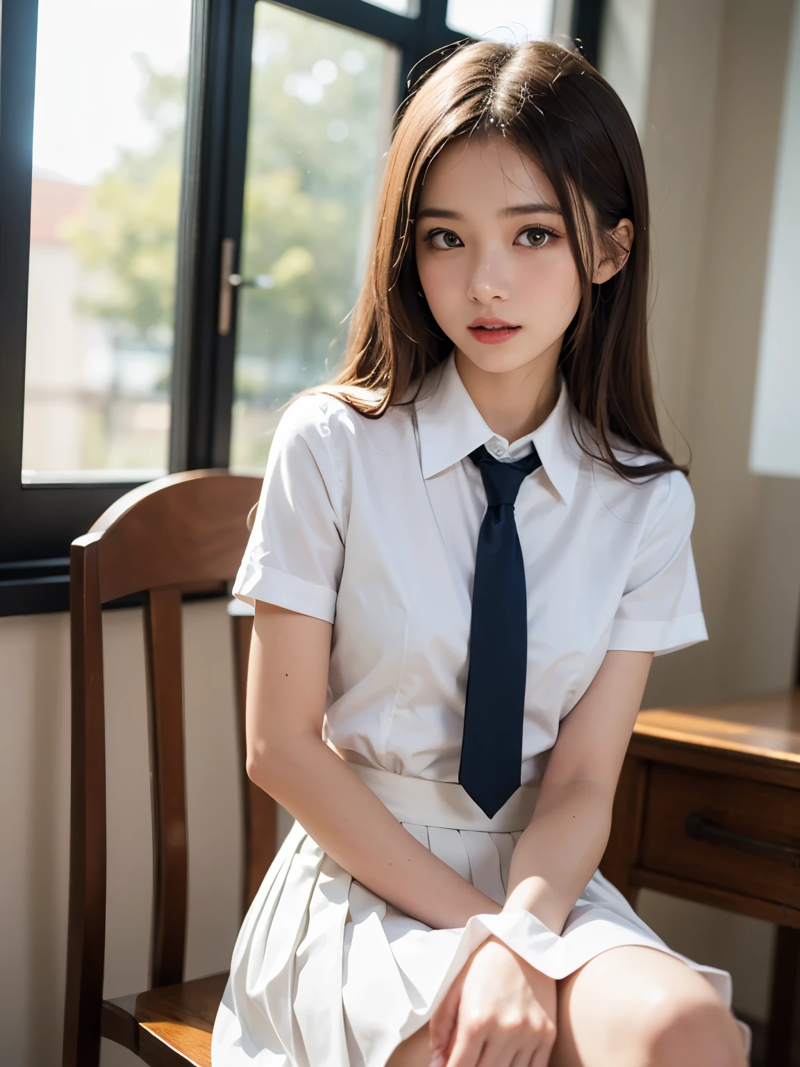 masterpiece, Highest quality, 8K, 85mm Portrait, Absurd, beautiful girl, (Super cute:1.5),16 years old, street, (school uniform, White shirt, Short sleeve), (Grey pleated mini skirt:1.5), (Dark grey tie:1.2), Long Hair, Slim body, Large Breasts,neon, Natural Makeup, perspective, Depth of written boundary, Ultra-realistic, High resolution, photograph, Sharp focus, High resolution, Face Light, Dynamic Lighting, Most detailed, Very detailed, Super detailed, In detail, Real Skin, Delicate facial features,I can see your beautiful thighs,Shooting from knee to overhead,