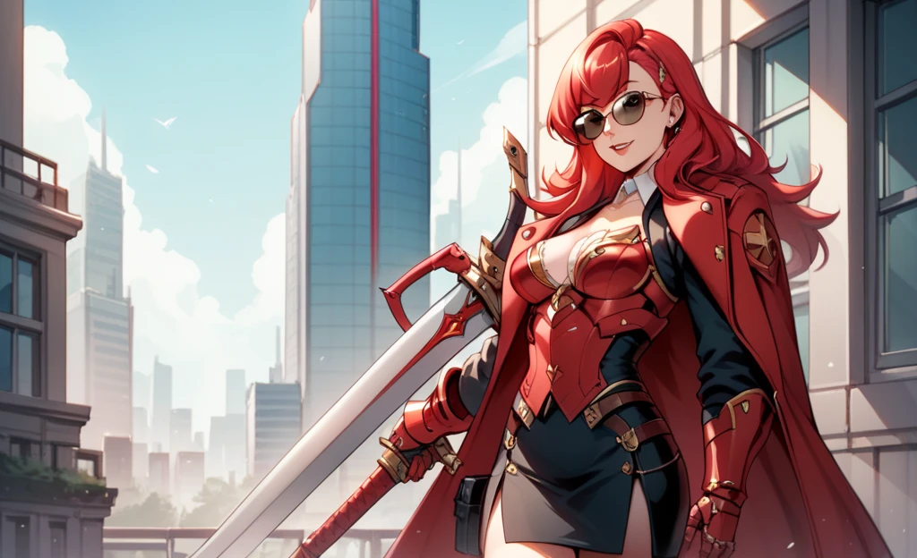 long red hair, female robot，sunglasses，Chest， Slim body，red armor，coat，suit skirt，mechanical joint，Mechanical thigh，Long sword， high-rise building ，City