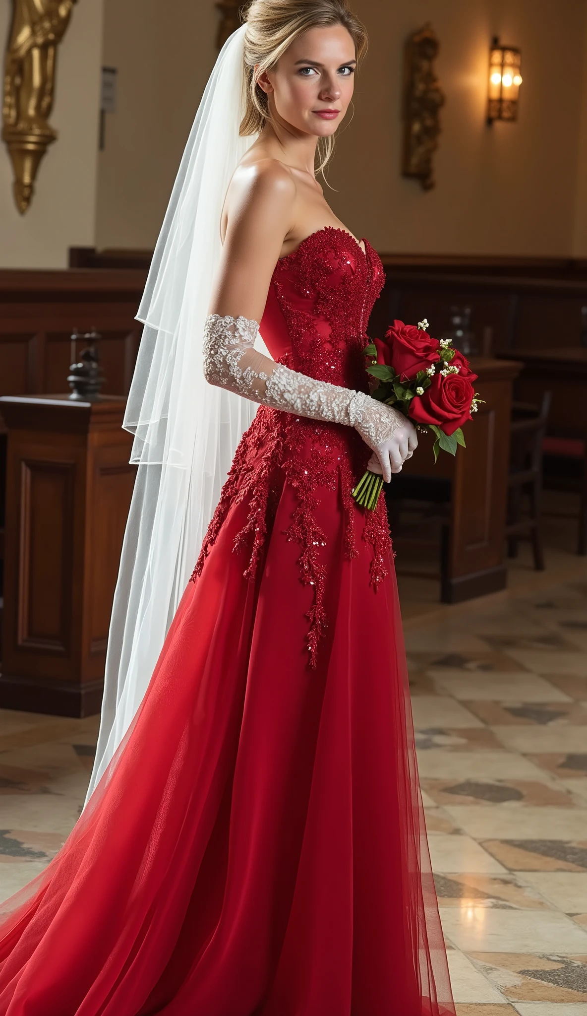 Side view, full body, standing pose, on church floor, American woman, 30-age , looking at viewer, American fashion model ,(middle blonde hair, detail face, cute face, beautiful eyes, Small lips, smile, pearl earring , pearl neck less), (big breasts, middle hip, slender body),(Red Wedding long dress with embroidery, and white see-through veil, white lace long glove, white stocking, white hi-heal), (masterpiece, Best Quality, high resolution on down, Realistic, sharp, RAW photos from the last century, wallpaper, perfection, Professional Lighting, very detailed)