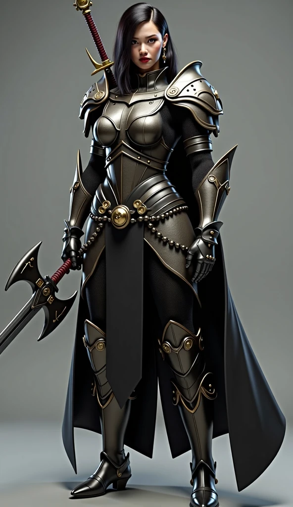 ８k、Masterpiece、Royal Knights，Accurate anatomy、Sensual Body、Glamour、Glamour、Platinum blonde with thick braids、Perfect Face、The entire body is covered in luxurious heavy armor made of black enamel with numerous gold engravings.，show，woman，Tall and strong，Point the knight's sword at the ground，Sports Late，Holding a helmet under one&#39;s arm、Cleavage close-up，Solemn，Huge breastodest waist，Big ass、Humble，Cinematic, High resolution, original, complicated, high quality, Gorgeous shades, complicated details, Ultra-fine，OC Rendering，Ray Tracing，Real Light and Shadow，Surreal