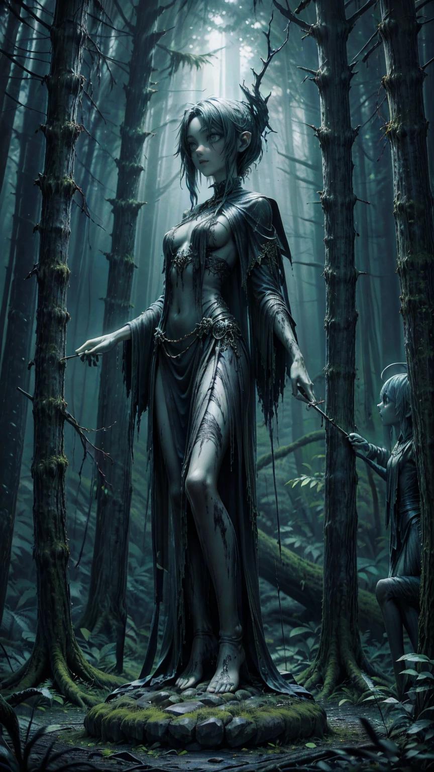  horror style 、Eerie stone statue、Deep Forest Curse Statue 、The Cursed Statue in the Deep Forest/Cursed Statue in the Deep Forest / Cursed Statue in the Deep Forest　、