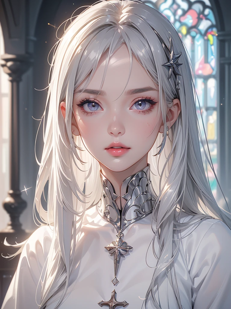 ((Woman with tattoo on chest)), girl, ((Short white hair with bangs, Black strands of hair)), Purple eyes, White T-shirt and white cape, Pendant around the neck. 超High resolution.Realistic. 超High resolution.Realistic:1.4,超High resolution. Realistic,High resolutionで, masterpiece, Highest quality, Very detailed, Better Shadows, Volumetric lighting), super high quality, High resolution, 8k, Ultra-Realistic Portraits , Realistic, Dynamic Lighting, Volumetric lighting, Very detailed顔,(Browsing Caution:1.2),Large Breasts,Full Body Stand Posture, Natural and beautiful standing posture, Crisp and realistic body detail