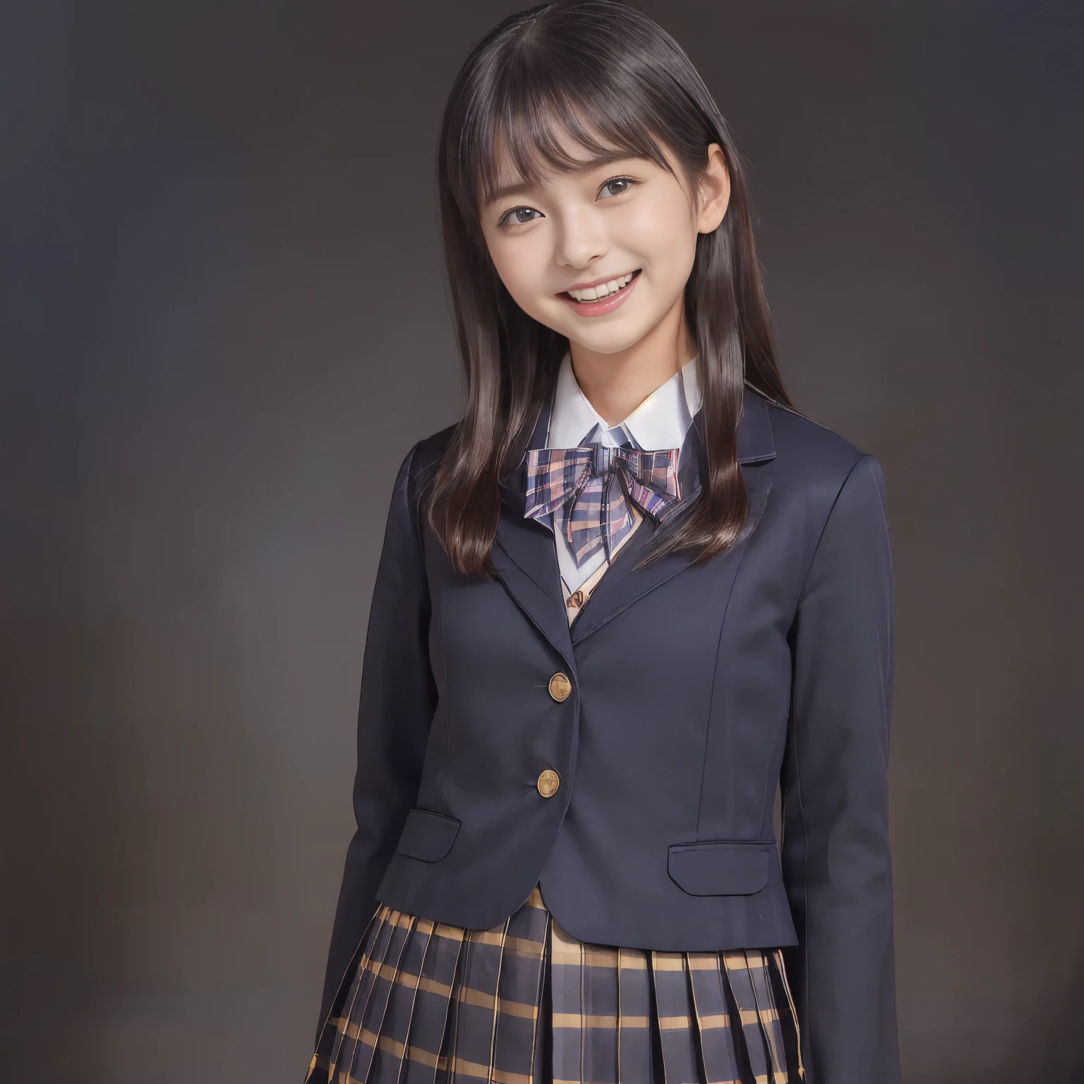 (Highest quality, masterpiece:1.5), Highest quality, High resolution, 1080P, 8k, clearly detailed, (Most beautiful yo fashion model of girls photo magazine in Japan, Japanese slender 13 beautiful-girl fashion model with neat school-uniform and most beautiful super-long hair, sweetest smile of most beautiful girl in Japan: 2.0) , (lovely pretty cutest laughing eyes and double eyelids: 1.5), (very beautiful full-open laughing lips: 1.4), (dark-blue-school-blazer with gold-emblem, super-neat dark-blue-tartan-checkered mid-length light-sky-blue-pleats-school-skirt under the blazer, super-girly plain-colored-ribbon on the breast, white socks, brown loafers: 1.5), (bewitching expression, smile, lips, and pose to melt the viewer's mind, everything is planned and prepared to melt the viewer into the allusion of love towards the girl: 1.8), (most clearly and carefully detailed eyes and face, plain black background: 1.6), (light-blue checkered mid-length school skirt: 1.5)