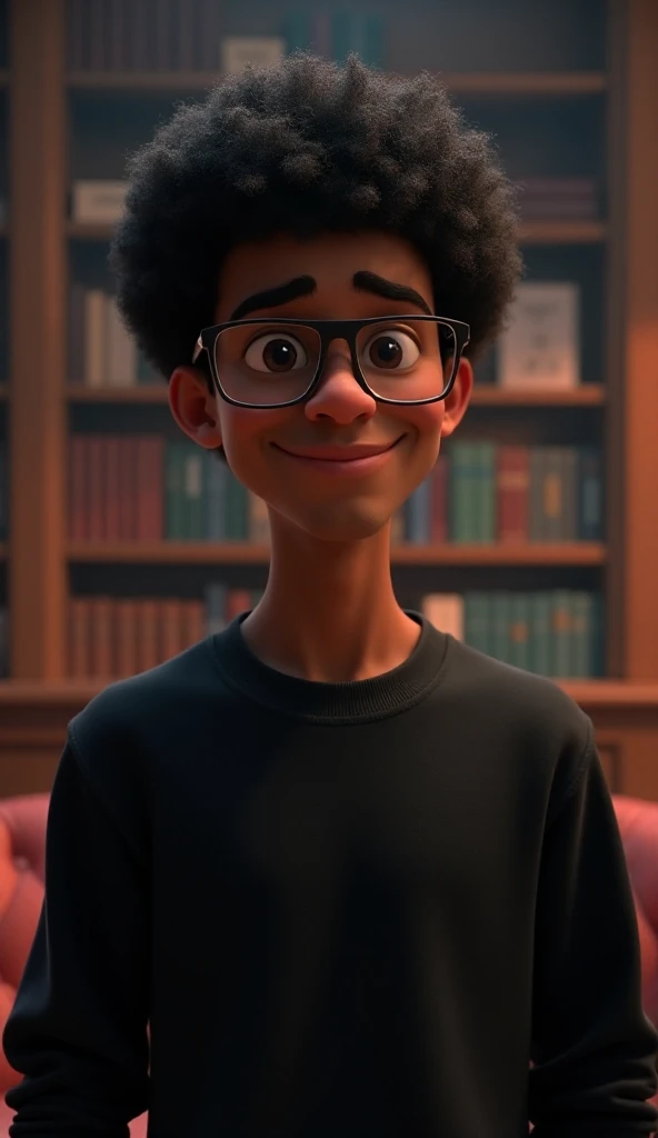 Young man, male gender, wearing black sweatshirt, thin-framed prescription glasses, medium-length black hair, afro, curly, black eyes, black skin, black, smooth skin, handsome appearance, slightly muscular body, looking directly at the camera, smiling, close-up of the chest upwards, background with a slightly dark library, but with lighting highlighting the character, 3D Pixar animation image style