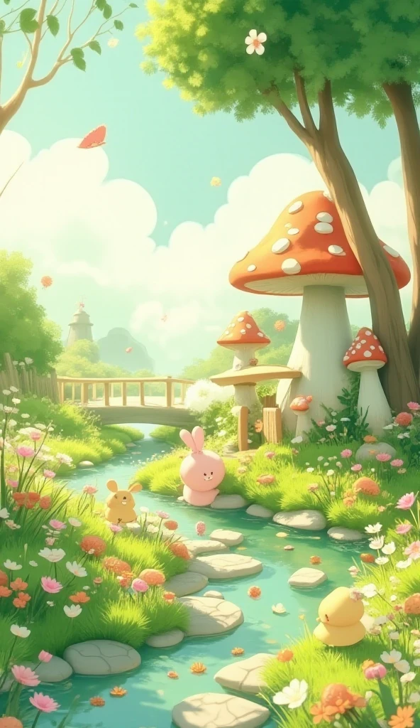 This is a spring 3D illustration, soft 3D style, dreamy atmosphere, grass, river, bridge, mushroom house, cute 3D cartoon characters, a lot of white space, poster composition. --ar 9:16 --stylize 500 --chaos 50