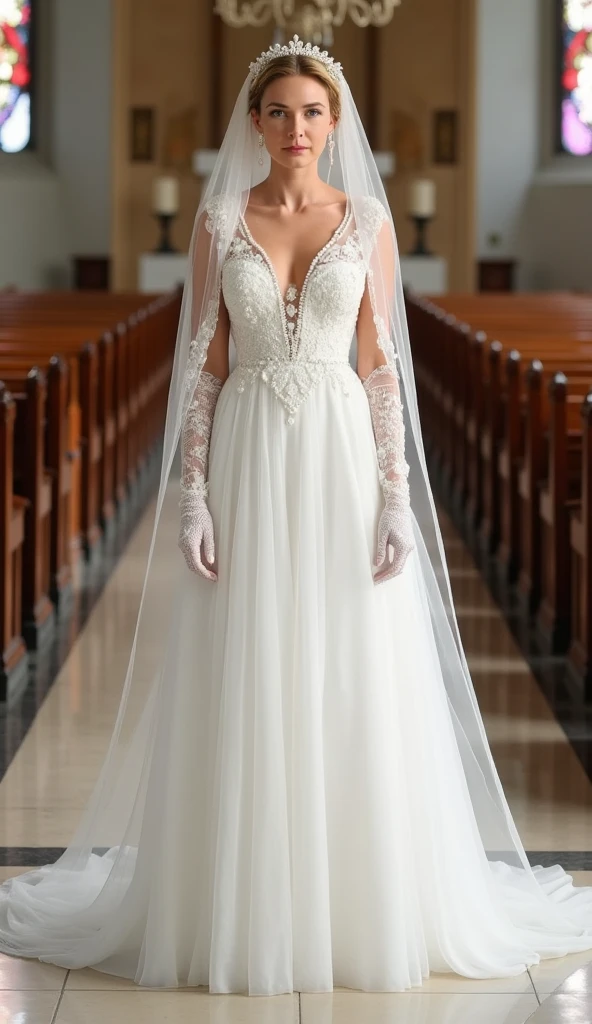 Front view, full body, standing pose,  on church floor, American woman, 30-age , looking at viewer, American fashion model ,(middle blonde hair, detail face, cute face, beautiful eyes, Small lips, smile, pearl earring , pearl neck less, tiara), (big breasts, middle hip, slender body),(White  Wedding long dress with embroidery, and white see-through veil, white lace long glove, white stocking,  white hi-heal), (masterpiece, Best Quality, high resolution on down, Realistic, sharp, RAW photos from the last century, wallpaper, perfection, Professional Lighting, very detailed)