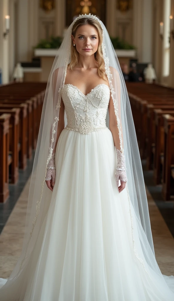 Front view, full body, standing pose,  on church floor, American woman, 30-age , looking at viewer, American fashion model ,(middle blonde hair, detail face, cute face, beautiful eyes, Small lips, smile, pearl earring , pearl neck less, tiara), (big breasts, middle hip, slender body),(White  Wedding long dress with embroidery, and white see-through veil, white lace long glove, white stocking,  white hi-heal), (masterpiece, Best Quality, high resolution on down, Realistic, sharp, RAW photos from the last century, wallpaper, perfection, Professional Lighting, very detailed)