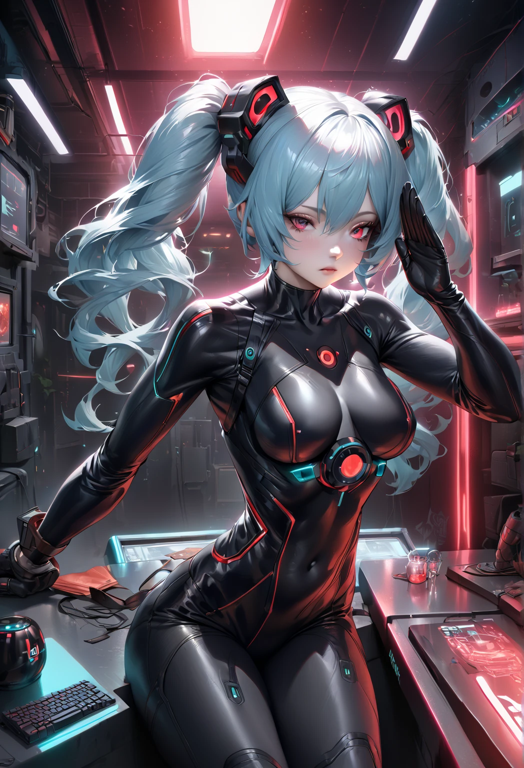 Masterpiece, best quality, expressive eyes, perfect face, 1girl, solo, blue skin, navel, colored skin, ice, blue hair, twintails, blush, breasts, hairband, monster girl, medium breasts, bare shoulders, cybernetic augmentation, cyborg