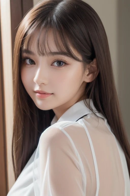 highest quality, face focus, soft light, ultra high resolution, (realistic:1.4), Raw photo, 1 Japanese girl, alone, cute, (pupil, There's a light in my eyes), detailed beautiful face, (small box),(High resolution details of human skin texture), (long hair), indoor, damask shirt dress, (portrait)