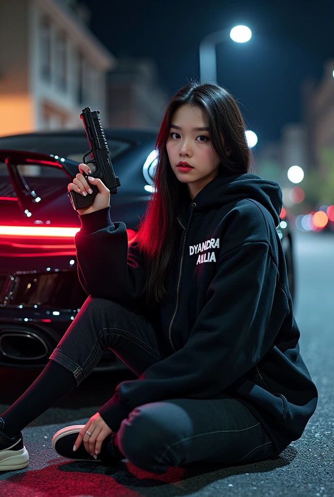 a beautiful korean woman, (( round face and cheeks )), (( long straight hair )), ((fat face girl)), wearing a black sports jacket with an inscription " DYANDRA AULIA ", Black jeans , sitting gracefully on the asphalt, (( Sharp gaze )), ((holding a firearm in the form of a pistol)). shiny black sports car , with airbrush painting , wheels with neon in white , wheels chrome , the bottom of the car is neon green. Smoke bomb of black color envelops the back of the car. with neon black background rear roadside graffiti , at night . --A 4 :3