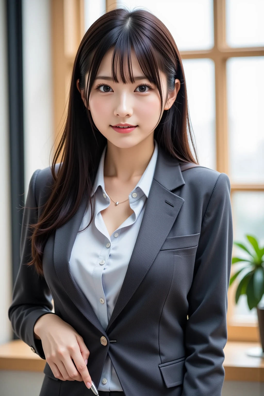 Japanese、18 year old girl、Very slim、((Smiling))、business suit、Business district、mini skirt